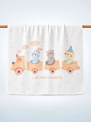 Mulberro Bear Train Peach 6-Layer Muslin Cotton Baby Blanket | All-Season | 110×110 cm - Baby Blankets & Quilts