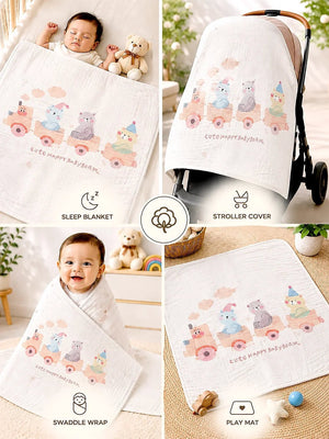 Mulberro Bear Train Peach 6-Layer Muslin Cotton Baby Blanket | All-Season | 110×110 cm - Baby Blankets & Quilts