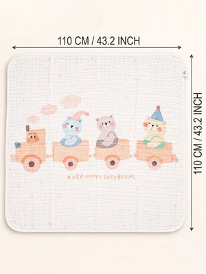 Mulberro Bear Train Peach 6-Layer Muslin Cotton Baby Blanket | All-Season | 110×110 cm - Baby Blankets & Quilts