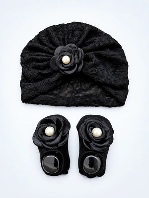 Mulberro Black 3D Rose Turban Cap & Pearl Flower Booties Set | Lace Knit | Baby Girls 0–12 Months - Kids Accessories
