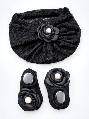Mulberro Black 3D Rose Turban Cap & Pearl Flower Booties Set | Lace Knit | Baby Girls 0–12 Months - Kids Accessories