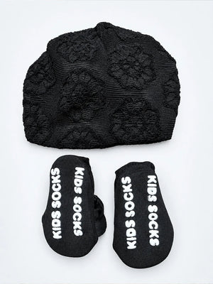 Mulberro Black 3D Rose Turban Cap & Pearl Flower Booties Set | Lace Knit | Baby Girls 0–12 Months - Kids Accessories