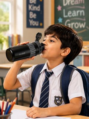 Mulberro Black Stainless Steel Kids Water Bottle with Flip Lid, Straw & Carry Loop - Water Bottle