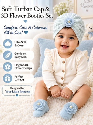 Mulberro Blue 3D Rose Turban Cap & Pearl Flower Booties Set | Lace Knit | Baby Girls 0–12 Months - Kids Accessories