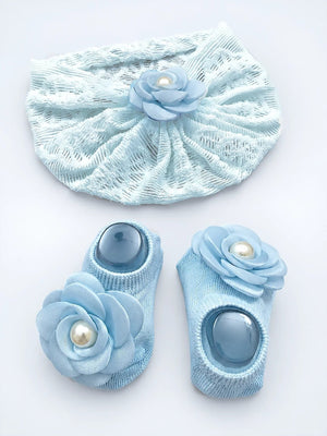 Mulberro Blue 3D Rose Turban Cap & Pearl Flower Booties Set | Lace Knit | Baby Girls 0–12 Months - Kids Accessories