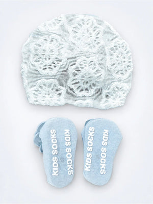 Mulberro Blue 3D Rose Turban Cap & Pearl Flower Booties Set | Lace Knit | Baby Girls 0–12 Months - Kids Accessories