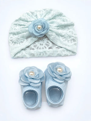 Mulberro Blue 3D Rose Turban Cap & Pearl Flower Booties Set | Lace Knit | Baby Girls 0–12 Months - Kids Accessories