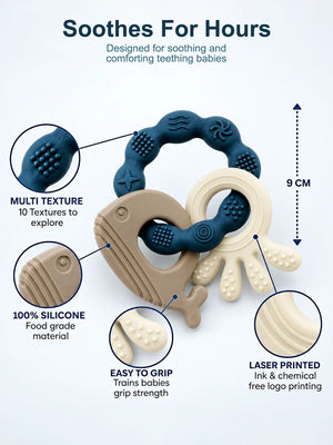 Mulberro Blue & Beige Ocean 3-Piece Silicone Baby Teether Set | 10 Teething Textures | 0M+ - Teether
