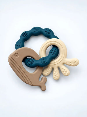 Mulberro Blue & Beige Ocean 3-Piece Silicone Baby Teether Set | 10 Teething Textures | 0M+ - Teether