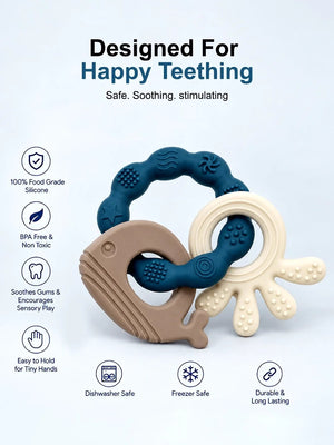 Mulberro Blue & Beige Ocean 3-Piece Silicone Baby Teether Set | 10 Teething Textures | 0M+ - Teether