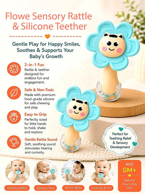 Mulberro Blue Flower 2-in-1 Baby Silicone Teether & Rattle | Soothes Gums | 0M+ - Teether