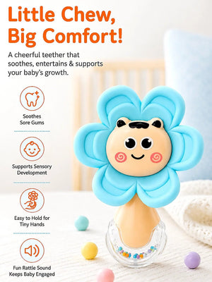 Mulberro Blue Flower 2-in-1 Baby Silicone Teether & Rattle | Soothes Gums | 0M+ - Teether