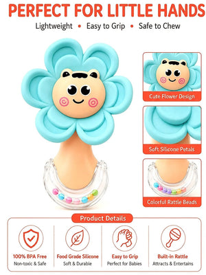 Mulberro Blue Flower 2-in-1 Baby Silicone Teether & Rattle | Soothes Gums | 0M+ - Teether