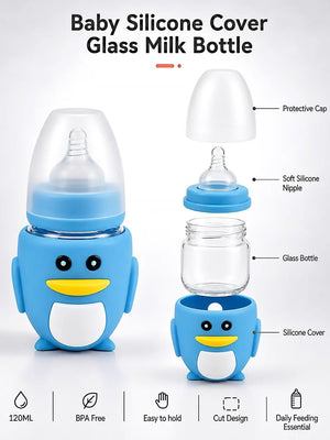 Mulberro Blue Glass Penguin Baby Feeding Bottle — 120ml | Soft Silicone Teat | BPA Free - Baby Food & Storage