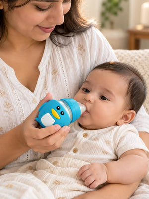 Mulberro Blue Glass Penguin Baby Feeding Bottle — 120ml | Soft Silicone Teat | BPA Free - Baby Food & Storage