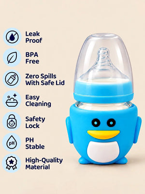 Mulberro Blue Glass Penguin Baby Feeding Bottle — 120ml | Soft Silicone Teat | BPA Free - Baby Food & Storage