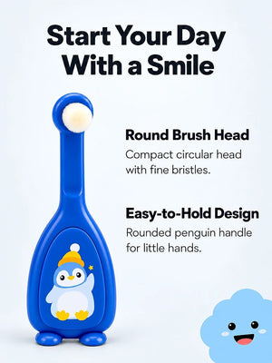 Mulberro Blue Penguin 2-in-1 Kids' Toothbrush Set | U-Shaped Silicone + Round Brush | Toddlers & Babies - Teether