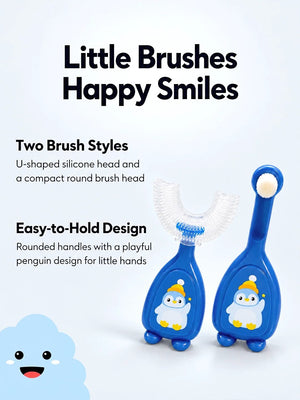 Mulberro Blue Penguin 2-in-1 Kids' Toothbrush Set | U-Shaped Silicone + Round Brush | Toddlers & Babies - Teether