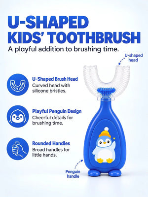 Mulberro Blue Penguin 2-in-1 Kids' Toothbrush Set | U-Shaped Silicone + Round Brush | Toddlers & Babies - Teether