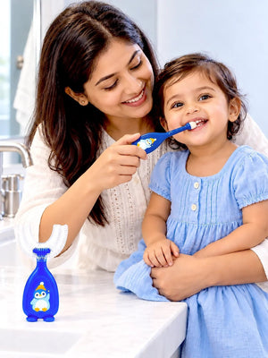 Mulberro Blue Penguin 2-in-1 Kids' Toothbrush Set | U-Shaped Silicone + Round Brush | Toddlers & Babies - Teether