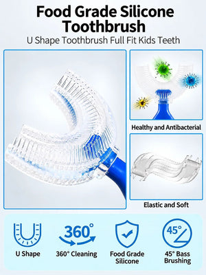 Mulberro Blue Penguin 2-in-1 Kids' Toothbrush Set | U-Shaped Silicone + Round Brush | Toddlers & Babies - Teether