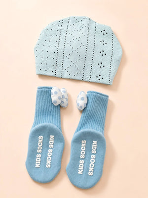 Mulberro Blue Polka Dot 3D Flower Turban Cap & 3D Bow Booties Set | Eyelet Fabric | Baby Girls 0–12 Months - Kids Accessories