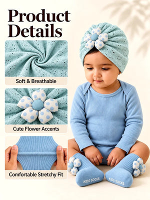 Mulberro Blue Polka Dot 3D Flower Turban Cap & 3D Bow Booties Set | Eyelet Fabric | Baby Girls 0–12 Months - Kids Accessories