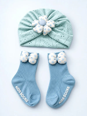 Mulberro Blue Polka Dot 3D Flower Turban Cap & 3D Bow Booties Set | Eyelet Fabric | Baby Girls 0–12 Months - Kids Accessories