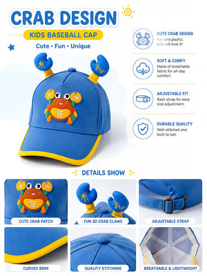 Mulberro Blue Yellow 3D Crab Kids Baseball Cap Adjustable 2-6Y - Kids Accessories