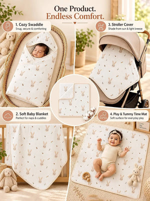 Mulberro Bunny Garden 6-Layer Muslin Cotton Baby Swaddle Blanket | 4-in-1 | 85×85 cm - Baby Blankets & Quilts
