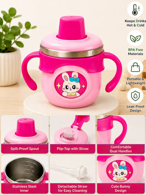 Mulberro Bunny Stainless Steel Sipper Bottle for Babies & Toddlers — 250ml | Spill-Proof Spout & Flip-Top Straw - Water Bottle
