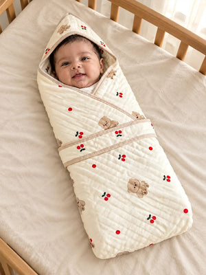Mulberro Cherry Bear Ivory 6-Layer Muslin Cotton Baby Swaddle Blanket | 4-in-1 | 85×85 cm - Baby Blankets & Quilts