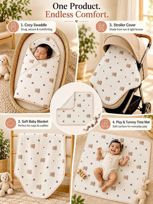 Mulberro Cherry Bear Ivory 6-Layer Muslin Cotton Baby Swaddle Blanket | 4-in-1 | 85×85 cm - Baby Blankets & Quilts