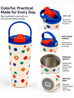 Mulberro Colourful Polka Dot Stainless Steel Kids Tumbler | 2-in-1 Lid, Straw & Carry Handle - Water Bottle