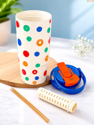 Mulberro Colourful Polka Dot Stainless Steel Kids Tumbler | 2-in-1 Lid, Straw & Carry Handle - Water Bottle