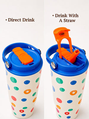 Mulberro Colourful Polka Dot Stainless Steel Kids Tumbler | 2-in-1 Lid, Straw & Carry Handle - Water Bottle