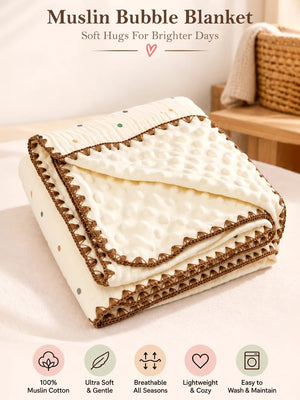 Mulberro Confetti Dots Ivory Super Soft Muslin Cotton Baby Blanket | All-Season | Tan Border | 102×102 cm - Baby Blankets & Quilts