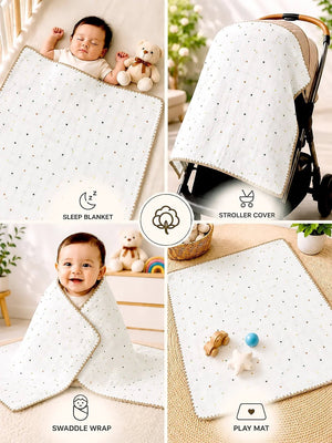 Mulberro Confetti Dots Ivory Super Soft Muslin Cotton Baby Blanket | All-Season | Tan Border | 102×102 cm - Baby Blankets & Quilts