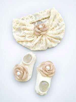 Mulberro Cream 3D Rose Turban Cap & Pearl Flower Booties Set | Lace Mesh | Baby Girls 0–12 Months - Kids Accessories