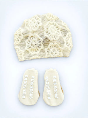 Mulberro Cream 3D Rose Turban Cap & Pearl Flower Booties Set | Lace Mesh | Baby Girls 0–12 Months - Kids Accessories