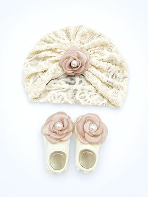 Mulberro Cream 3D Rose Turban Cap & Pearl Flower Booties Set | Lace Mesh | Baby Girls 0–12 Months - Kids Accessories