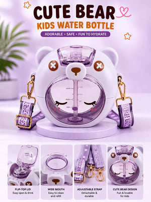 Mulberro Cute Bear Kids Water Bottle — 630ml | Flip Lid, Straw & Crossbody Strap - Water Bottle