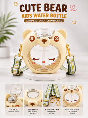 Mulberro Cute Bear Kids Water Bottle — 630ml | Flip Lid, Straw & Crossbody Strap - Water Bottle