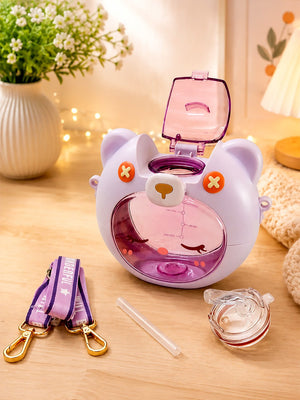 Mulberro Cute Bear Kids Water Bottle — 630ml | Flip Lid, Straw & Crossbody Strap - Water Bottle