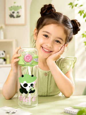 Mulberro Cute Panda Kids Glass Water Bottle — 500ml | One-Click Flip Lid & Straw - Water Bottle