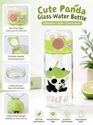 Mulberro Cute Panda Kids Glass Water Bottle — 500ml | One-Click Flip Lid & Straw - Water Bottle