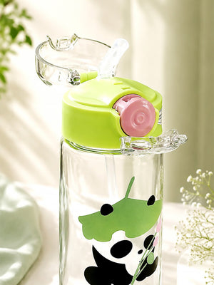 Mulberro Cute Panda Kids Glass Water Bottle — 500ml | One-Click Flip Lid & Straw - Water Bottle
