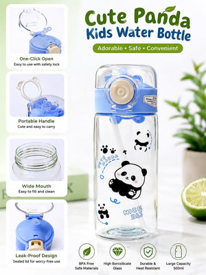 Mulberro Cute Panda Kids Water Bottle — 600ml | One-Click Flip Straw & Leak-Proof Lid | Borosilicate Glass - Water Bottle