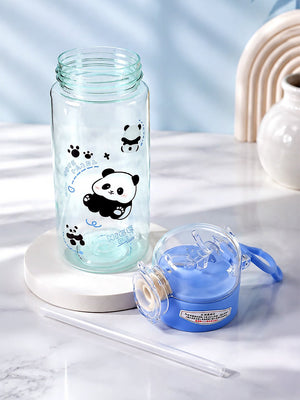 Mulberro Cute Panda Kids Water Bottle — 600ml | One-Click Flip Straw & Leak-Proof Lid | Borosilicate Glass - Water Bottle