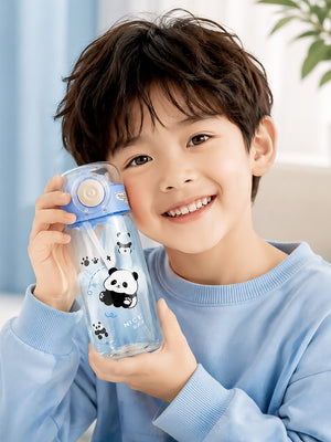 Mulberro Cute Panda Kids Water Bottle — 600ml | One-Click Flip Straw & Leak-Proof Lid | Borosilicate Glass - Water Bottle